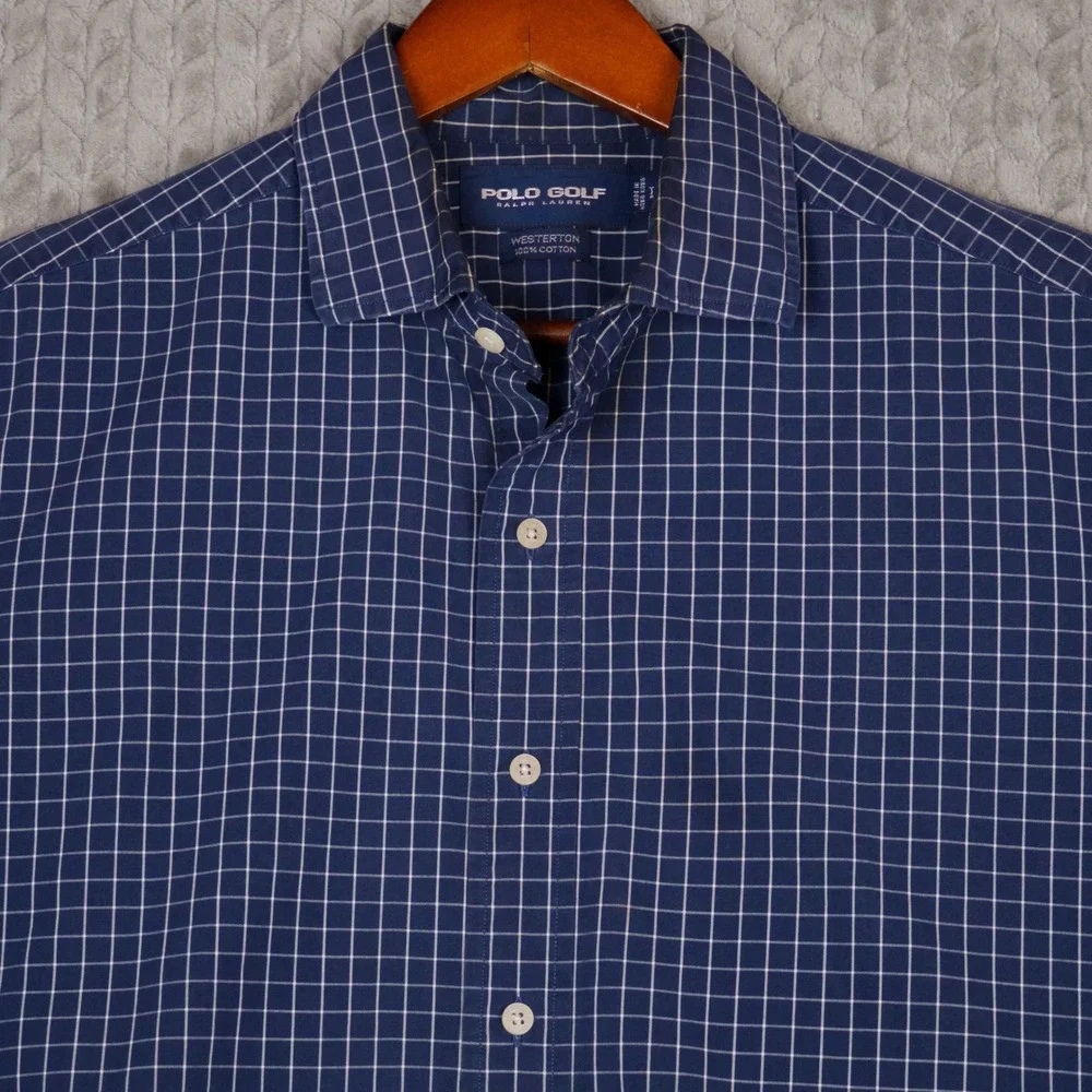 Polo Golf Ralph Lauren Shirt Mens L Blue Windowpane Check Westerton Cotton L/S
